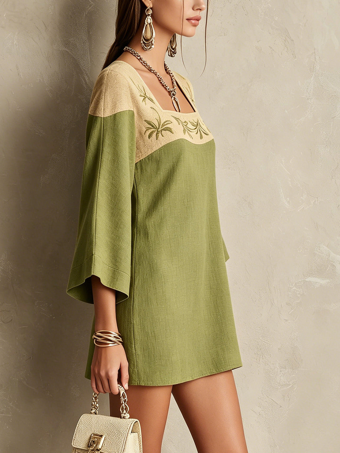 Elegant Green and Beige Embroidered Square-Neck Mini Dress