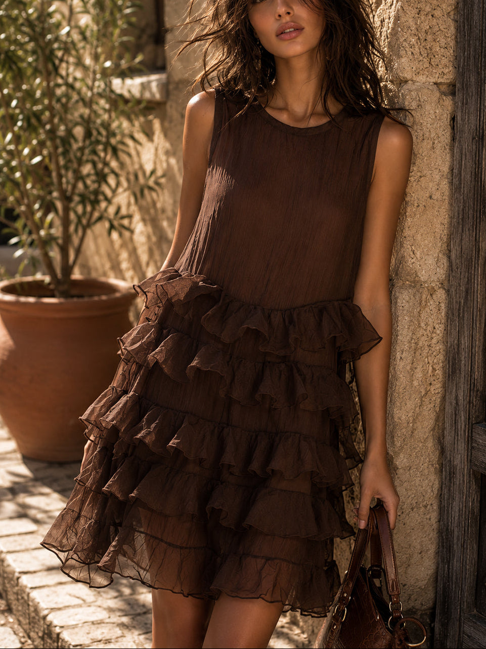 Boho Sleeveless Lightweight Tiered Ruffle Mini Dress