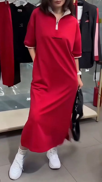 Women's Collared Half-Open Color Block Casual Dress