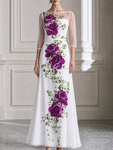 Elegant Illusion Purple Rose Floral Print Maxi Dress