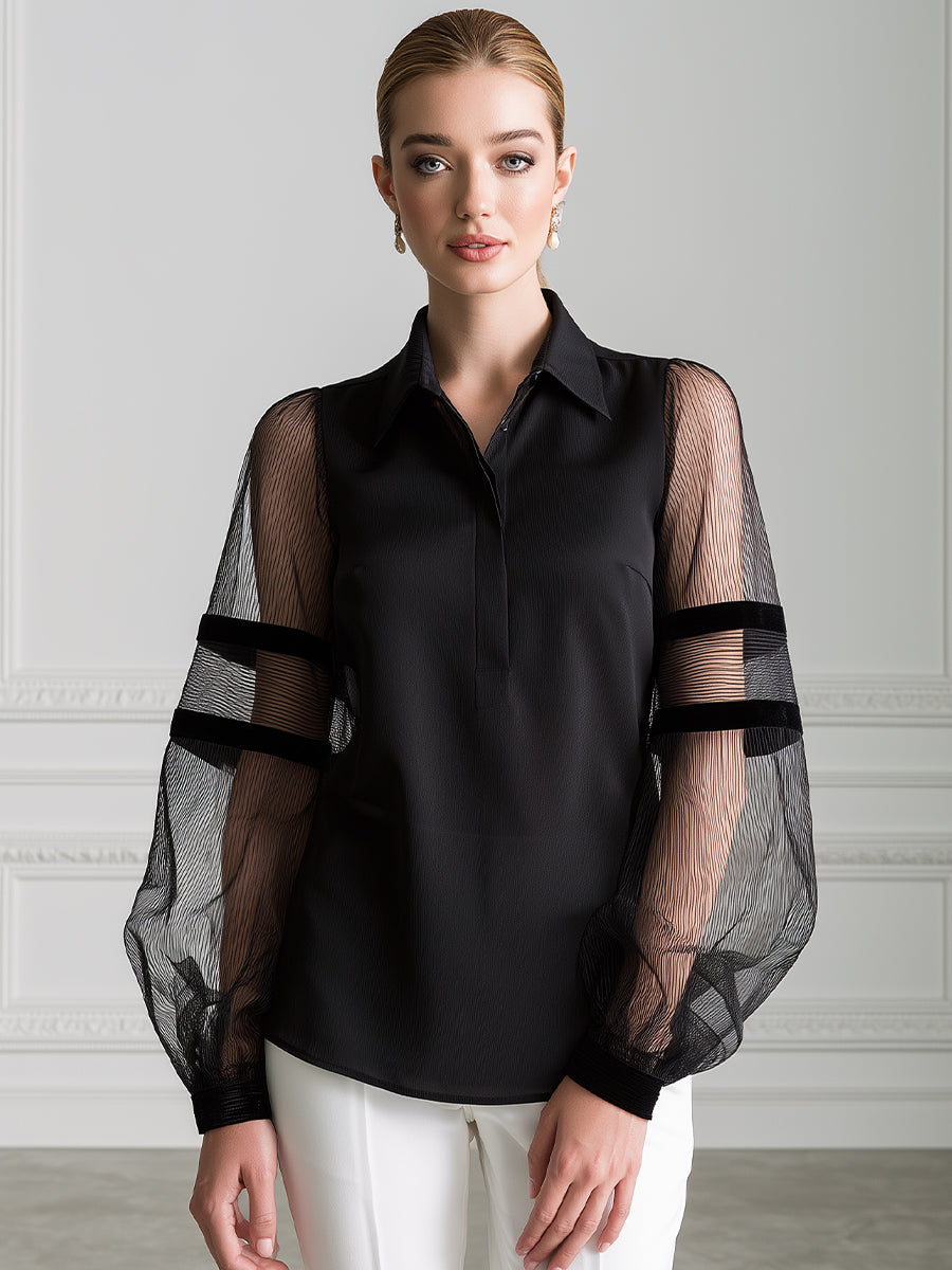 Pointed Collar Sheer Striped Mesh Balloon Sleeve Half-Placket Blouse