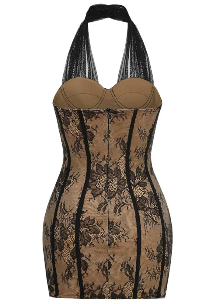 Halter Lace Bustier Dress Black