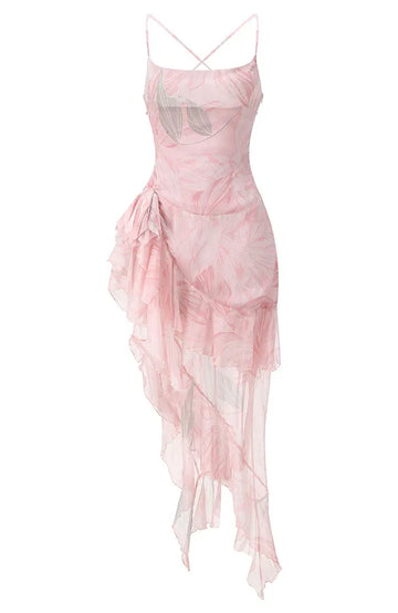 Floral Ruffle Maxi Dress Pink