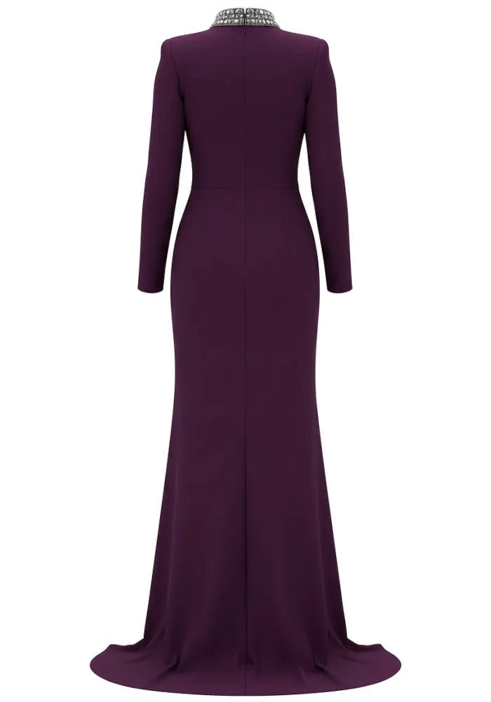 Long Sleeve Crystal Trim Maxi Dress Plum