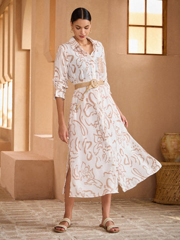 Sequin Apricot Curve Pocket Linen Style Shirt Dress