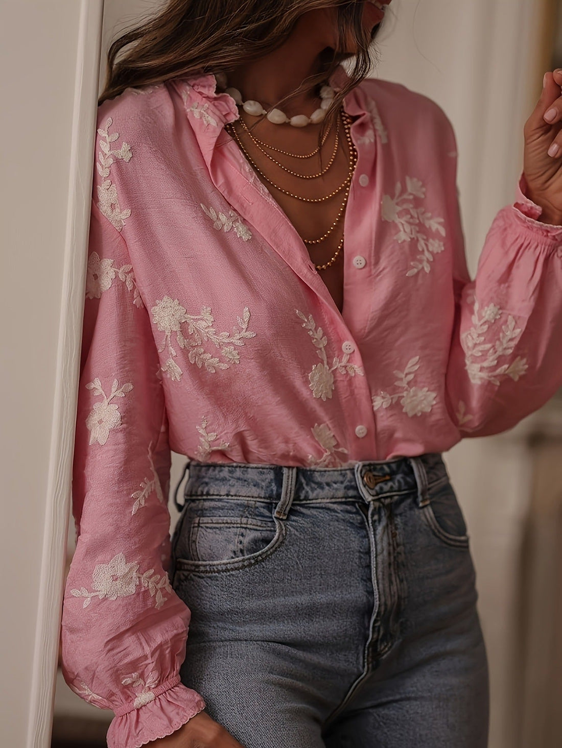 Women's Long-Sleeve Embroidered Chiffon Blouse