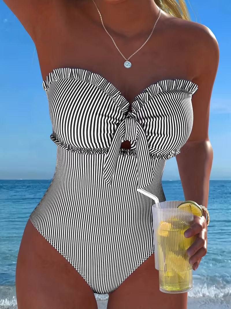 Slimming Strapless Striped and Checkered One-Piece Swimsuit