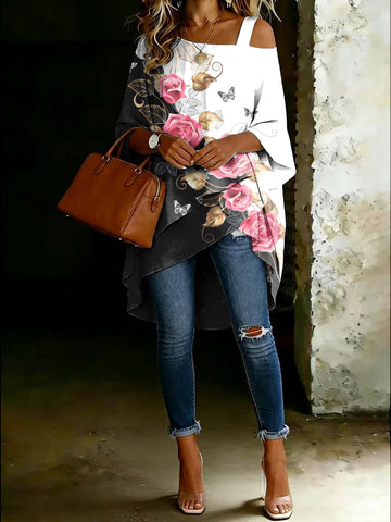 Women's Color Block Floral Cold Shoulder Asymmetrical Hem Blouse