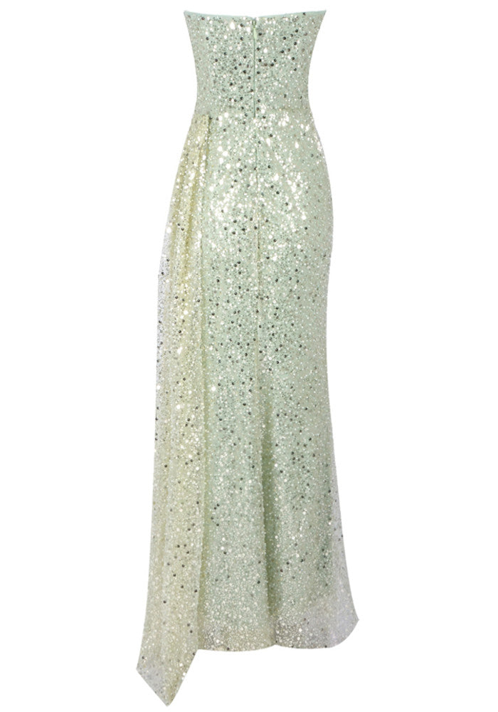Strapless Pearl Sequin Maxi Dress Green