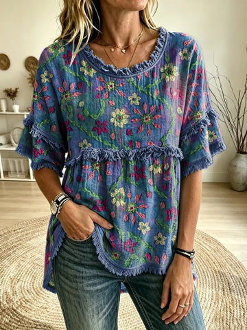 Women's Boho Floral Tie Dye Fringe Top