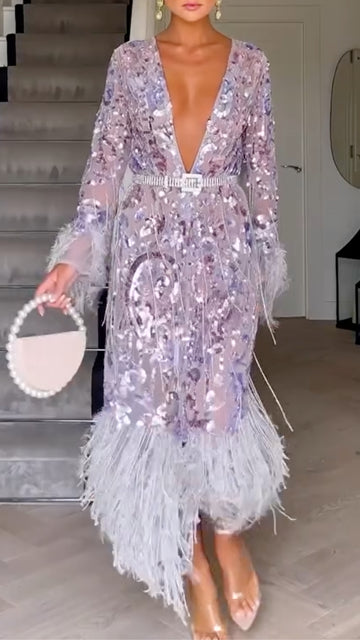 Lavender Sequin & Feather Midi Dress