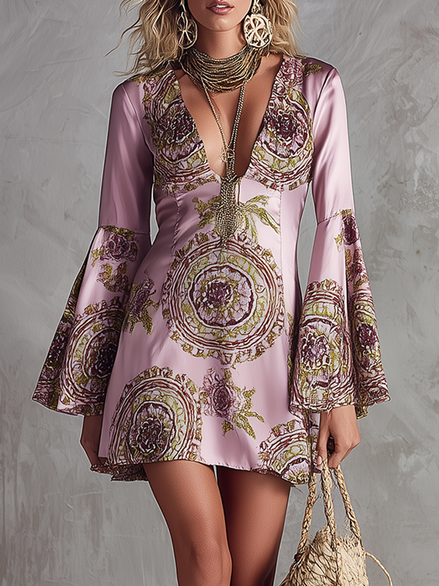 Delicate Pink And Purple Totem Print Satin Dress