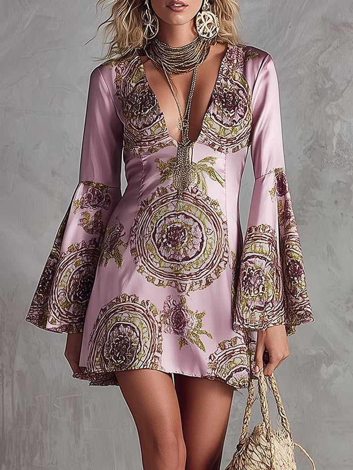 Delicate Pink And Purple Totem Print Satin Mini Dress