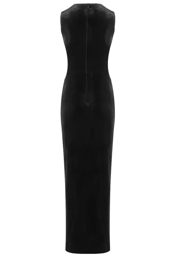 Crystal Mesh Insert Maxi Velvet Dress Black