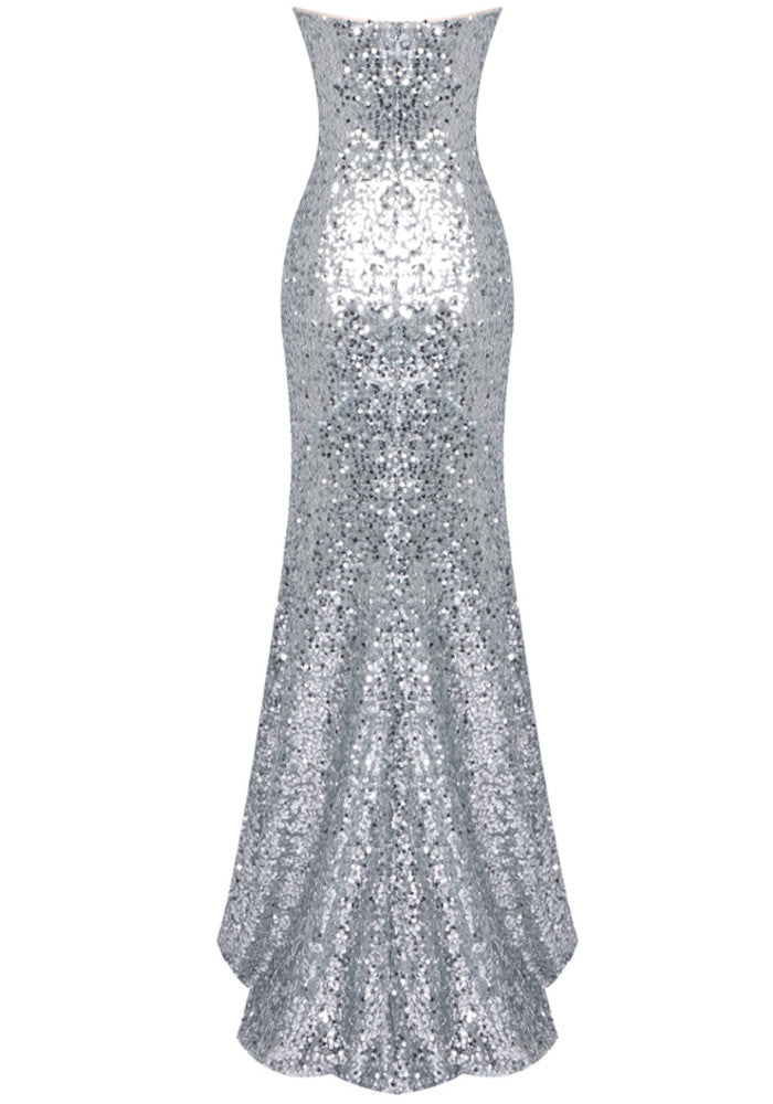 Strapless Crystal Corset Maxi Dress Silver