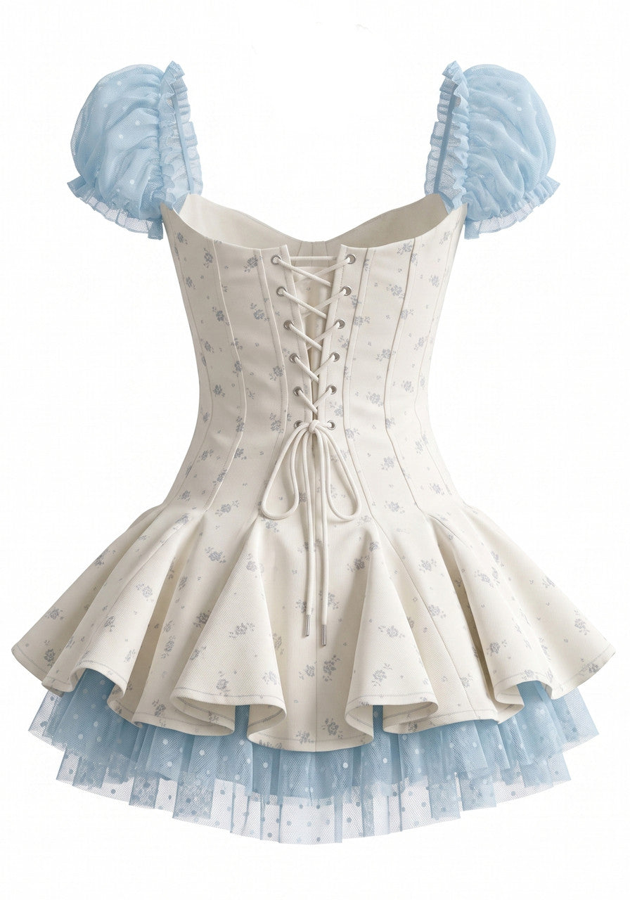 Short Sleeve Floral A Line Corset Dress Blue