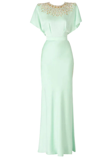 Embellished Cape Detail Maxi Dress Green