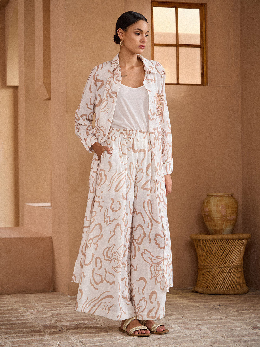 Sequin Apricot Curve Pocket Linen Style Shirt Dress