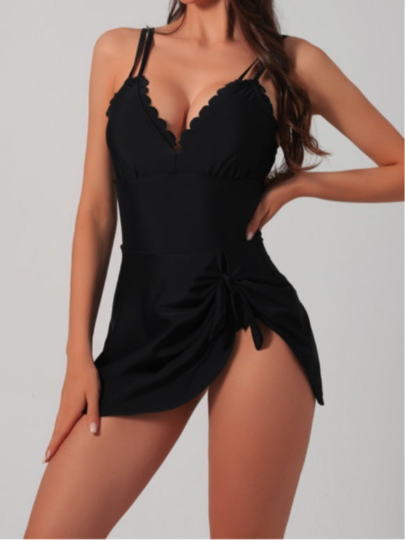 Sexy V-neck, back-tie, figure-hugging one-piece swimsuit with an asymmetrical hem