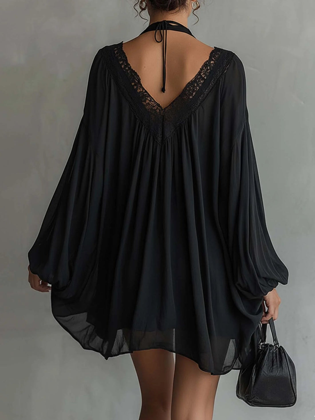 Black Chiffon Halter Mini Dress With Lace Neckline