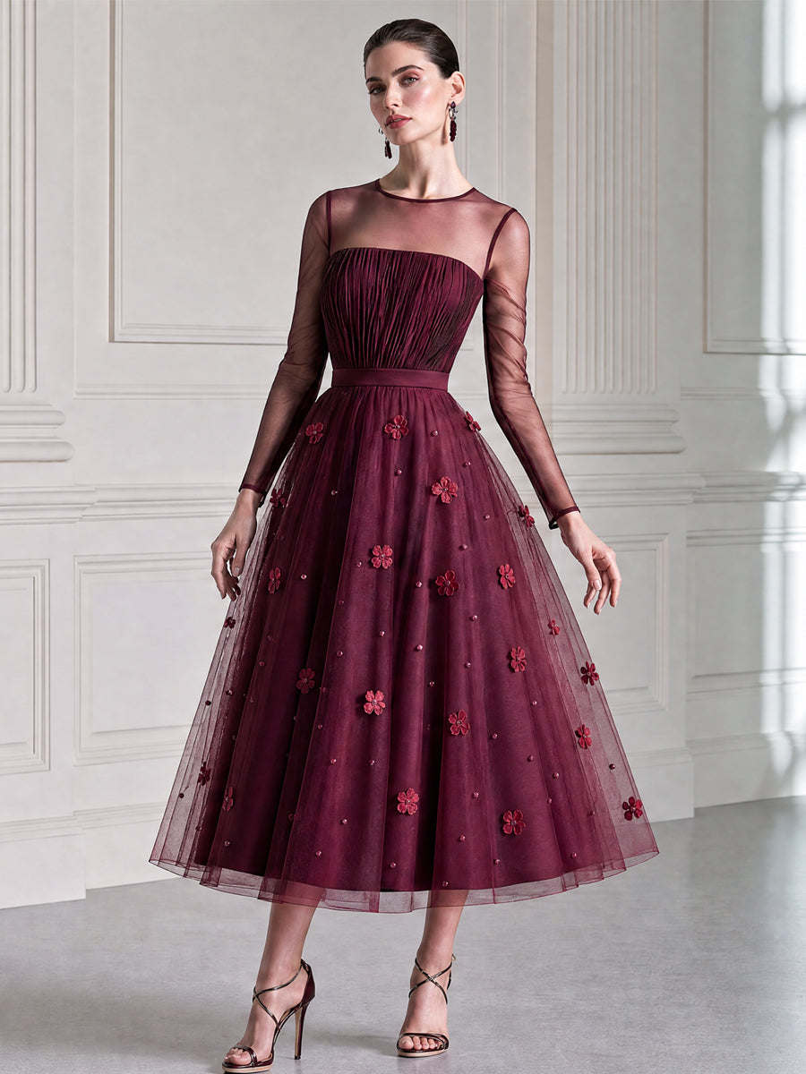 3D Floral Tulle Round Illusion Sheer Sleeve Midi Dress