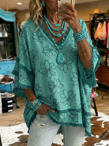 Vintage Floral Print Patchwork Cotton And Linen Shirt