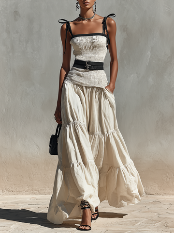Women's Cream Linen-Blend Two-Piece Set With Smocked Top & Tiered Maxi Skirt, Timeless Boho-Chic Summer Outfit (without Belt) MDZ2526D3LYL