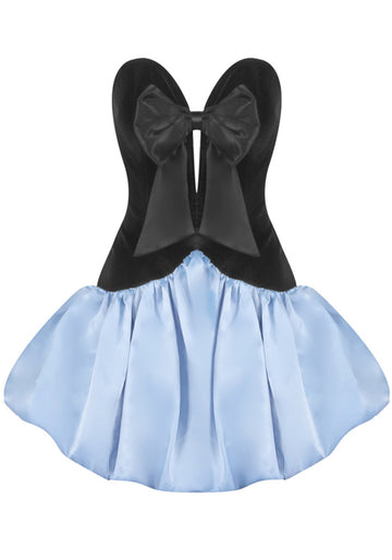 Strapless Bow Detail Puff Dress Black Blue