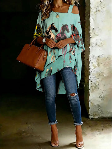 Women's Horse Painting Print Cold Shoulder Asymmetrical Hem Blouse