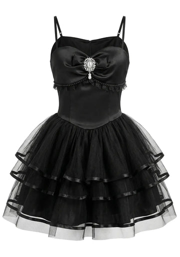 Crystal Detail Mesh Ruffle Dress Black
