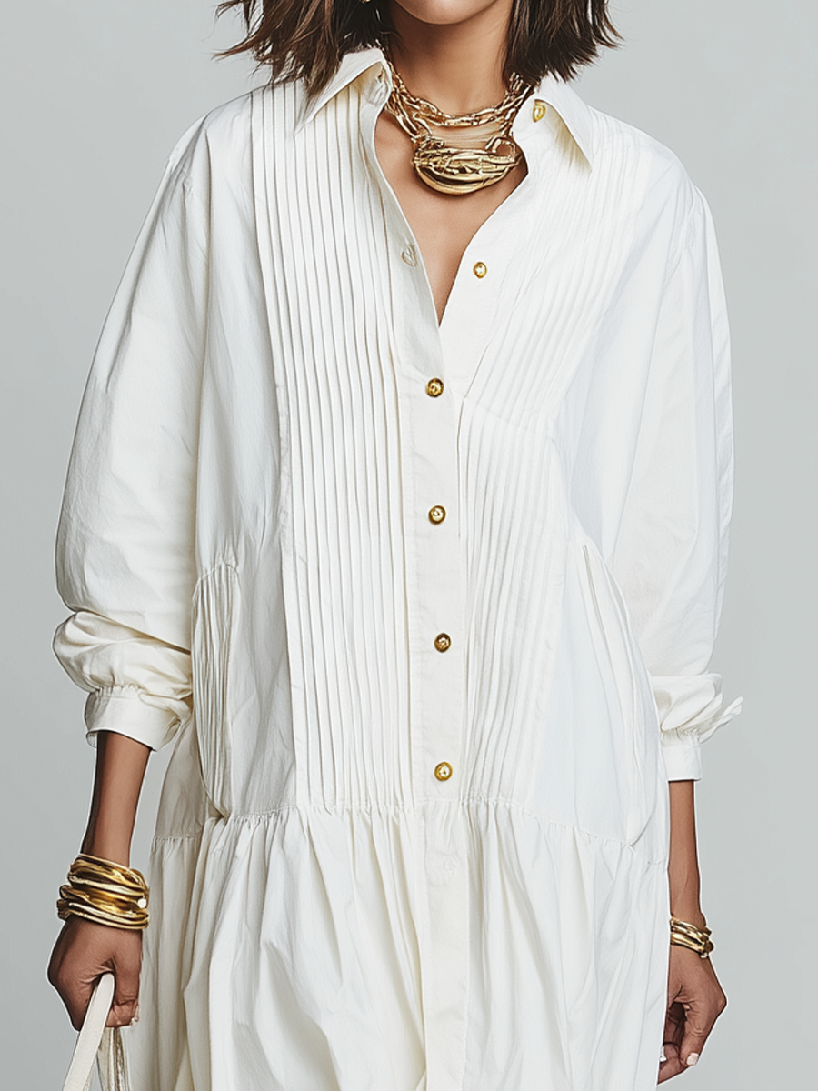 Elegant White Pleated Shirt-Style Midi Dress