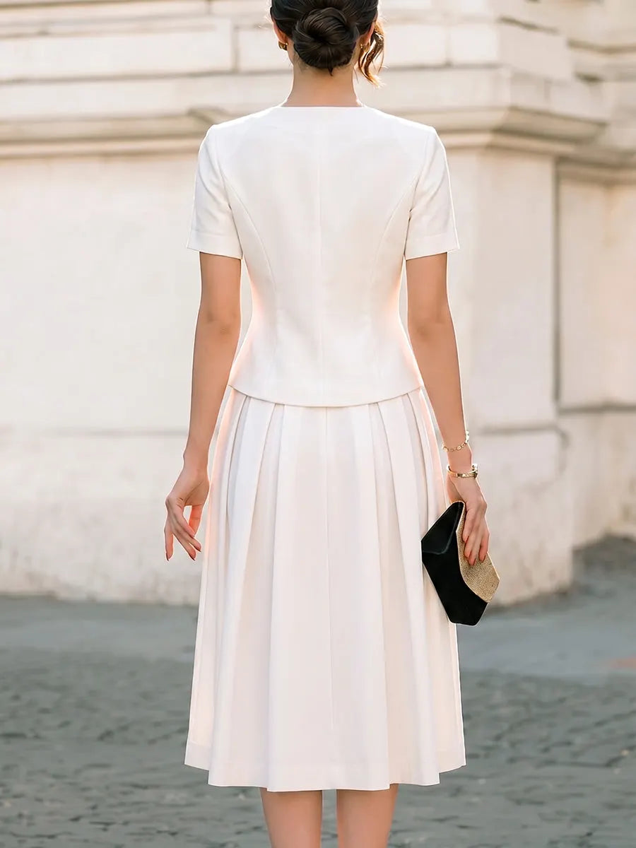 Women's Solid-color V-neck Short-sleeve Loose Casual Top & High-waisted A-line Skirt Set
