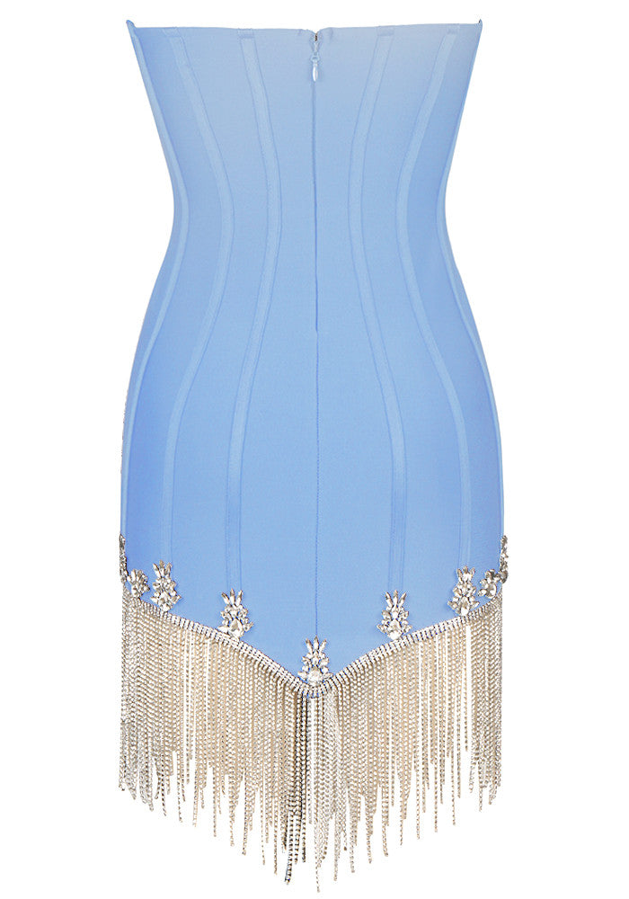 Strapless Crystal Tassel Dress Light Blue