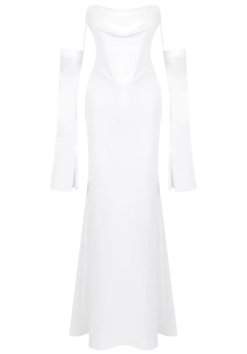 Long Sleeve Strapless Draped Maxi Dress White