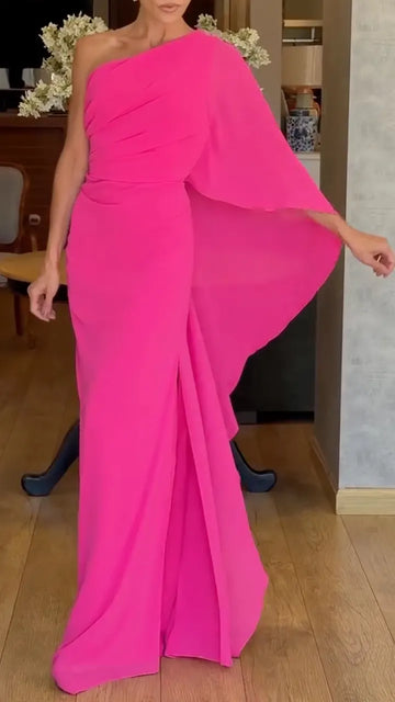 One Shoulder Cape Drape Chiffon Maxi Gown