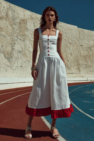 Women's Square Neck Midi Dress with Red Contrast Hem