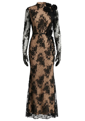 Long Sleeve Lace Backless Maxi Dress Black Nude