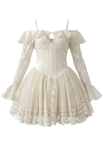 Long Sleeve Ruffle Floral A Line Dress Ivory