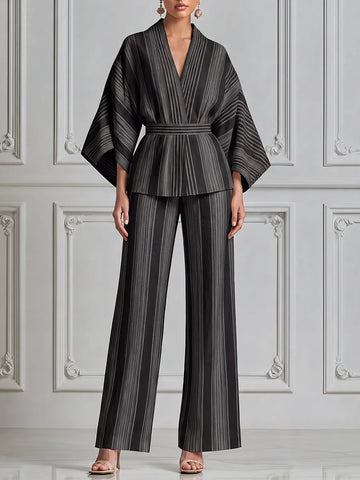 Black Striped Kimono Wrap Top & Wide Leg Pants Set