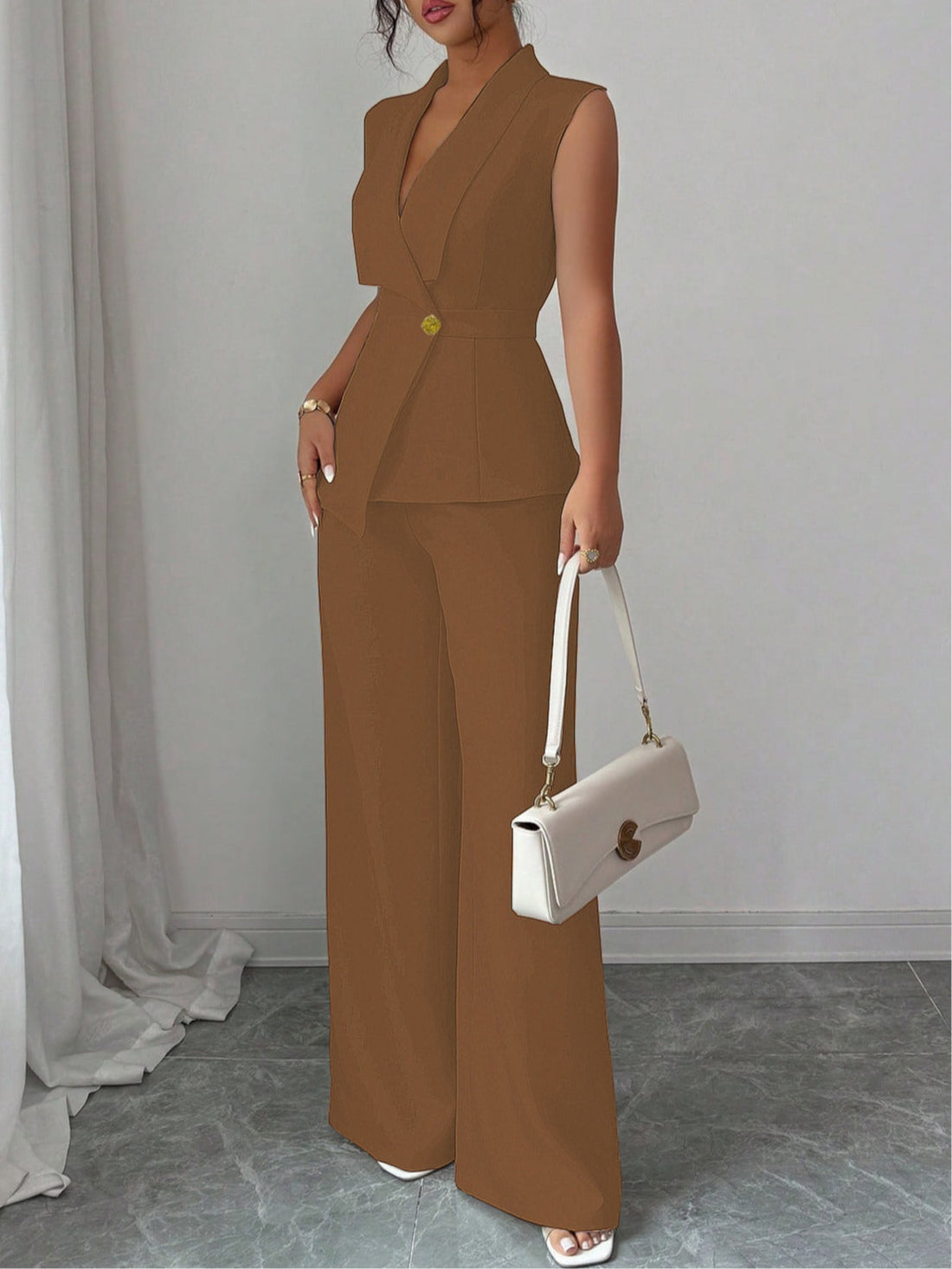 Women's Elegant Solid-Color Vest and Straight-Leg Trouser Set