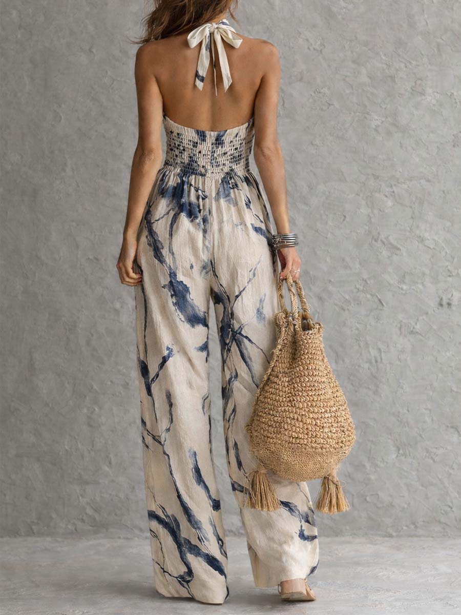 Halter Neck Ink Wash Print Wide Leg Jumpsuit With Pockets