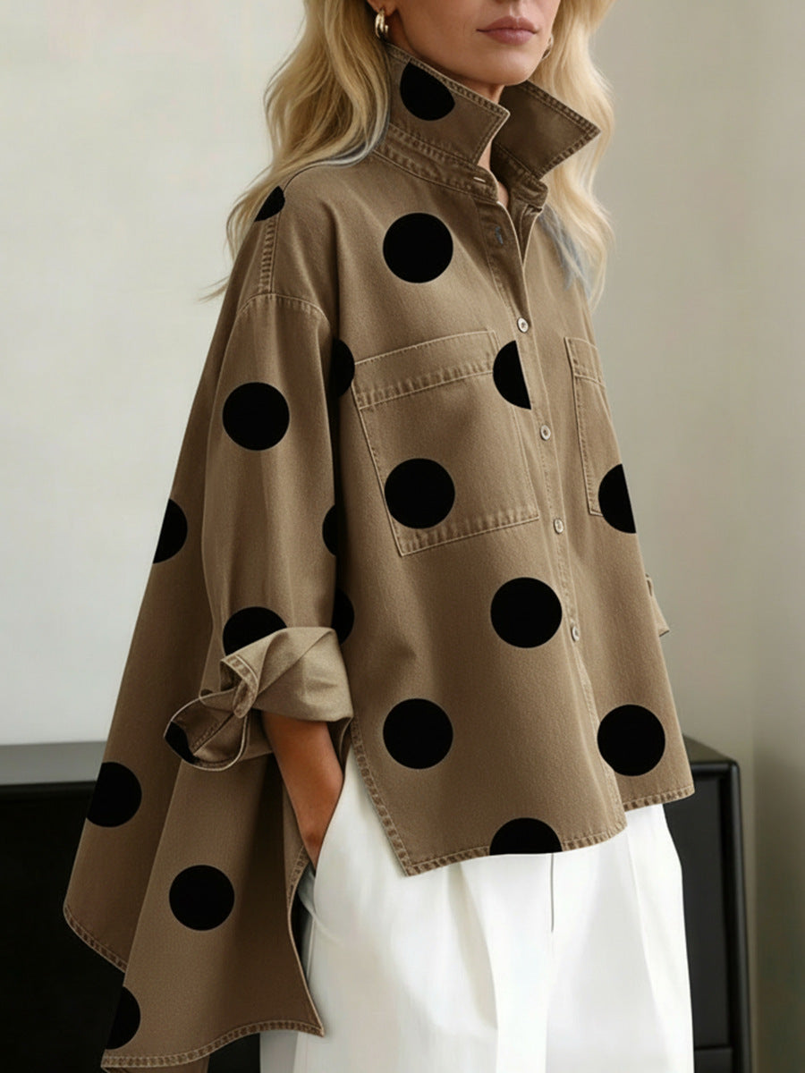 Printed Faux-Denim Casual Shirt with Stand Collar