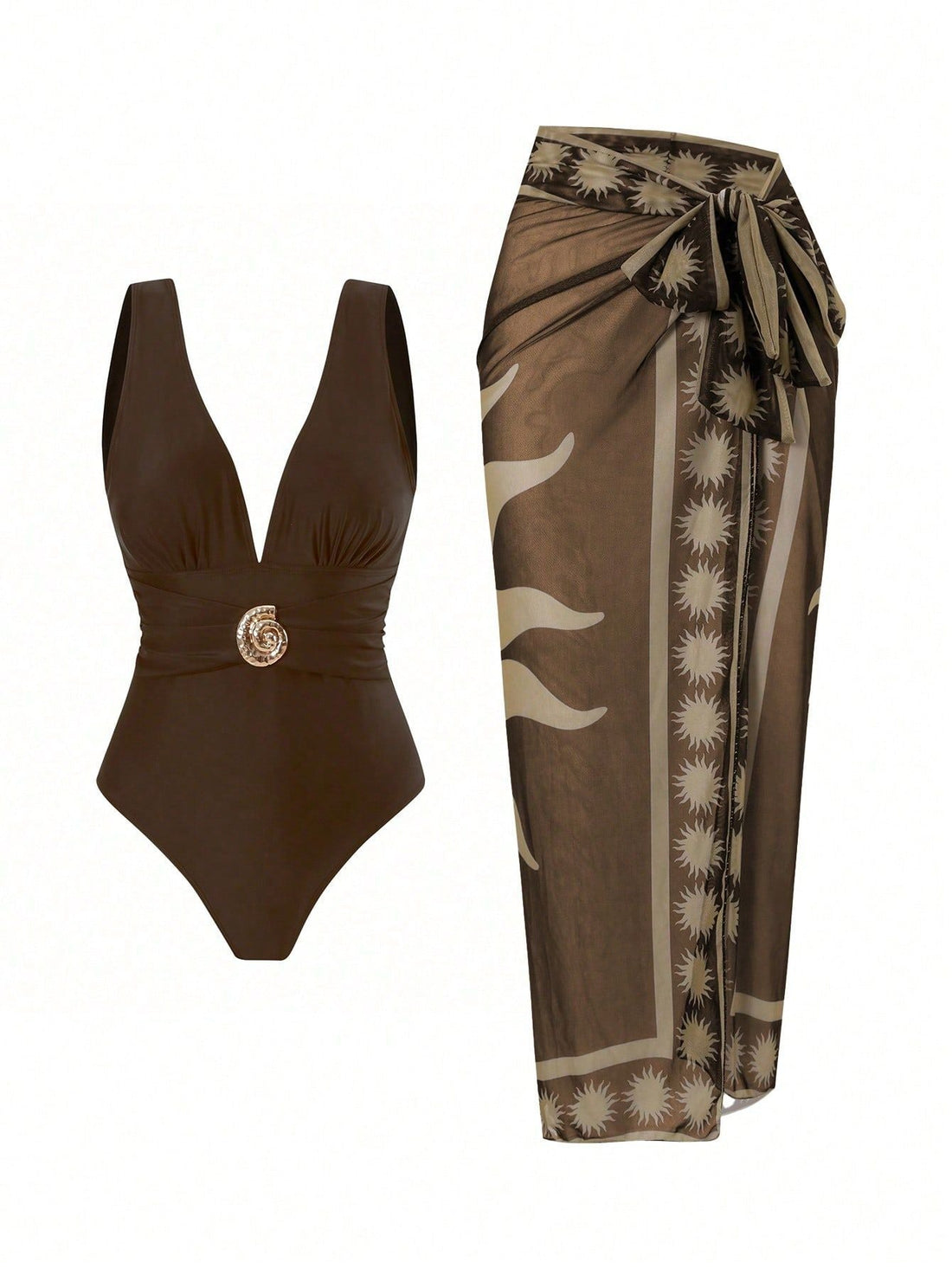 French Vintage Print Deep-V Sexy Swimsuit Set