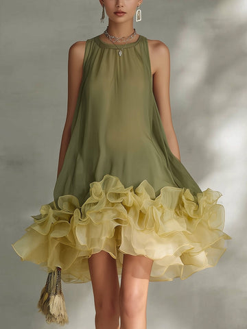 Color-block Chiffon Sleeveless A-line Dress With Ruffled Hem