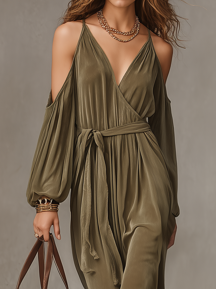 Bohemian Cold-Shoulder Satin Midi Dress