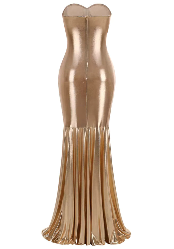 Strapless Ruched Mermaid Maxi Dress Gold