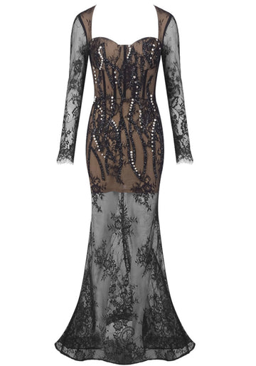 Long Sleeve Crystal Lace Maxi Dress Black