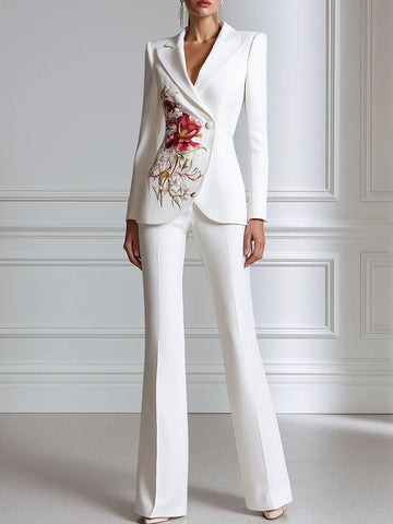 Floral Print Pinstripe Blazer And Flared Trouser Suit