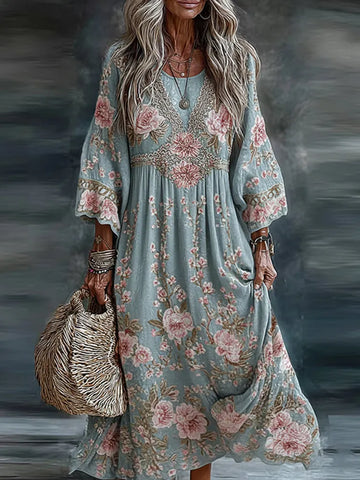 Women's Floral Art Flowy Linen Blend Casual Long Sleeve Maxi Dress