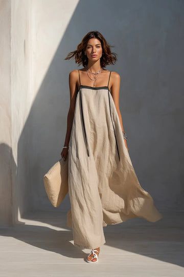 Women's Beige Contrast Trim Flowy Maxi Dress